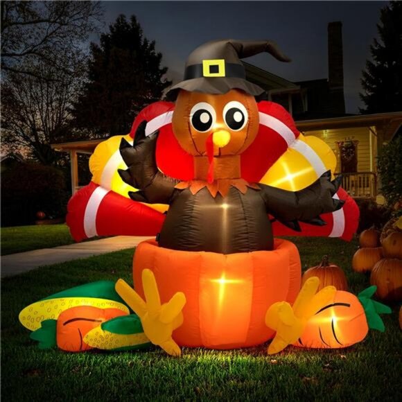 7ft Long Thanksgiving Inflatable LED Lighted Turkey Inside Pumpkin - Picture 1 of 7